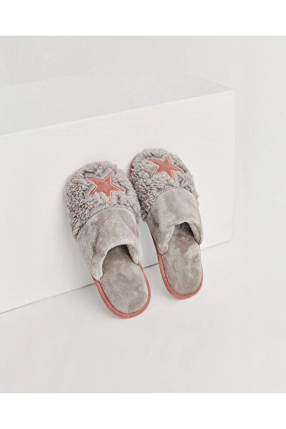 LAMİNTA Sagu Star Detailed Gray Plush House Slippers