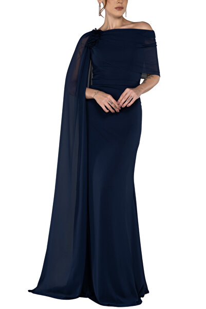 Arden Long Evening Dress, Chiffon Cape Sleeve Boat Neck Black, White, Purple, Powder, Wedding Fish Dress, 38-44