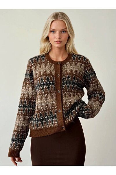 İLKCET MODA Ethnic Patterned Brown Women's Cardigan