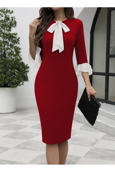 Kokosh moda Women's Three Quarter Sleeve Bow Collar Midi Crepe Dress