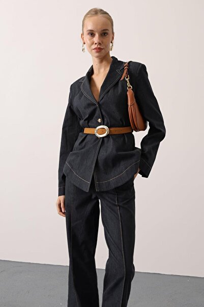 VAGGON Women's Navy Blue Buttoned Belted Jacket and Palazzo Pants Fit Denim Suit Vs01620