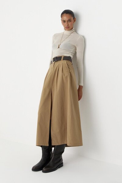 MARKALİSTE Front Slit Long Belted Skirt Beige