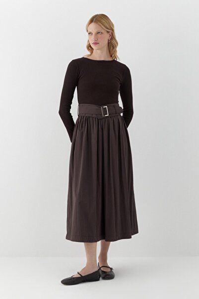 MARKALİSTE Long Sleeve Ribbed Knit Dress Brown