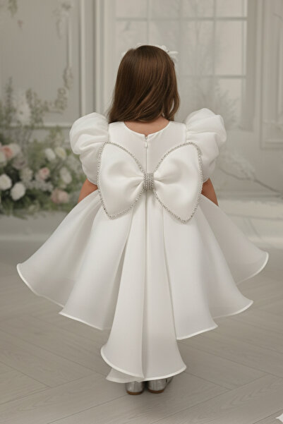 Bertuğ Bebek Lace Embroidered White Organza Girls' Evening Dress with Train