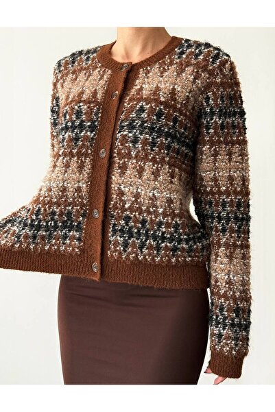 İLKCET MODA Ethnic Patterned Brown Women's Cardigan