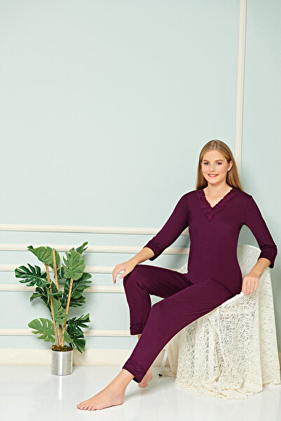 SASİ Kadın Dantelli V Yaka Truvakar Kollu Süper Yumuşak Örme Viskon Pijama Ta...