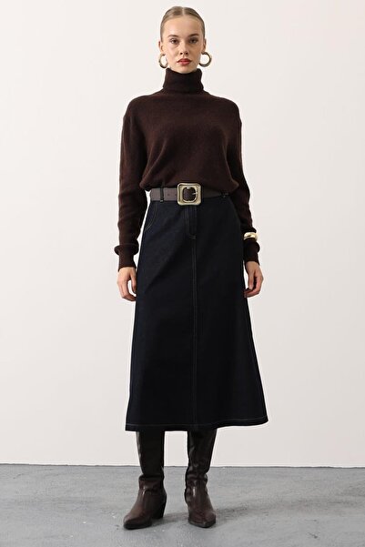 VAGGON Women's Navy Blue Belted 4-Pocket Midi Length Denim Skirt Vs01626