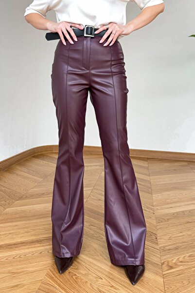 Cappmoda PNT-07424 Bordo İçi Polarlı Kendinden Kemerli Suni Deri İspanyol Paça Pantolon