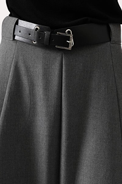 VAGGON Women's Anthracite Belted Double Pocket Pleated Midi Skirt Vs01614