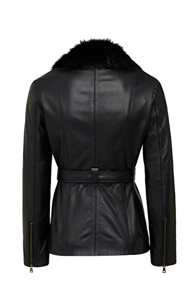 Derimod Edith Women's Black Collar Fur Leather Coat 25Wge56161M