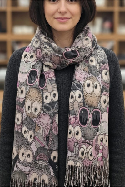 Cashmere Wool Shawl with Owl Figure - Light Pink