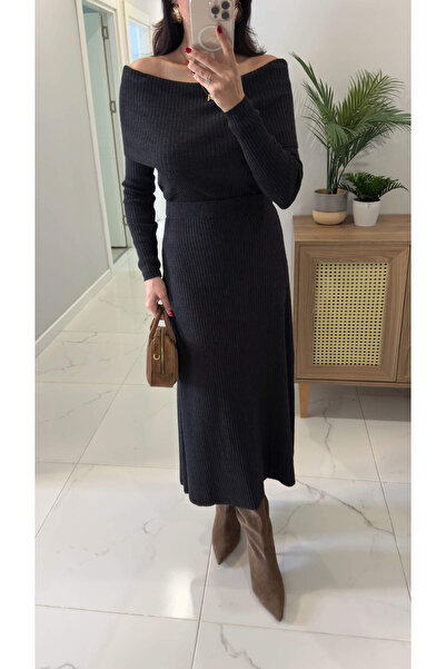 BİRCANÇİL Astera Anthracite Madonna Collar Skirt Suit