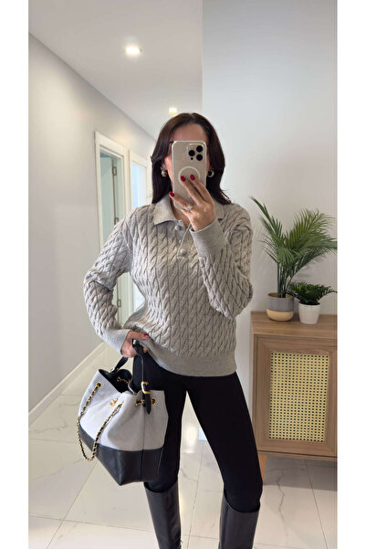 BİRCANÇİL Venus Dark Beige Braided Buttoned Knitwear