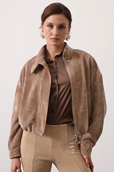 VAGGON Women's Brown Mock Neck Corded Fabric Bomber Velvet Jacket Vs01616