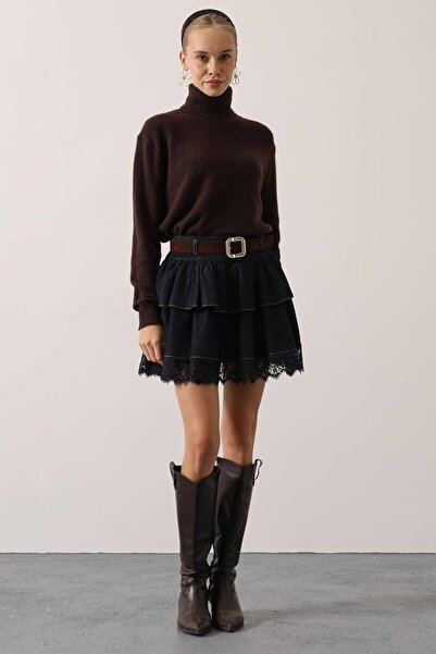 VAGGON Women's Navy Blue Belted Lace Detailed Flared Denim Skirt Vs01619