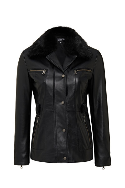 Derimod Edith Women's Black Collar Fur Leather Coat 25Wge56161M