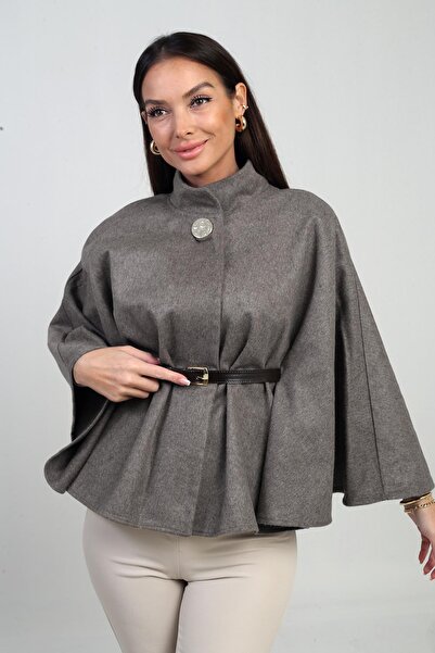 By Saygı Women's Single Button Waist Belted Cashmere Poncho
