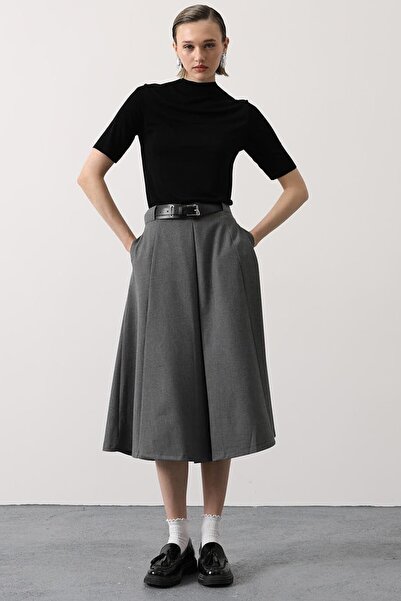 VAGGON Women's Anthracite Belted Double Pocket Pleated Midi Skirt Vs01614