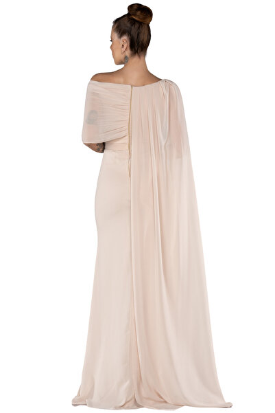 Arden Long Evening Dress, Chiffon Cape Sleeve Boat Neck Black, White, Purple, Powder, Wedding Fish Dress, 38-44