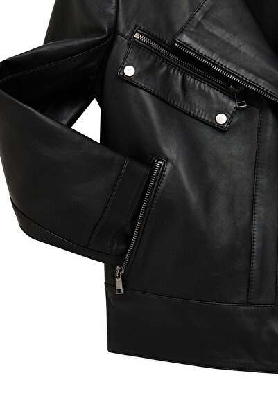 Derimod Roma Women's Black Biker Leather Jacket 25Wgd5609U4