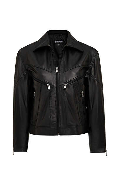 Derimod Vanessa Women Black Shirt Collar Short Oversized Leather Jacket 25Wgd5325U4