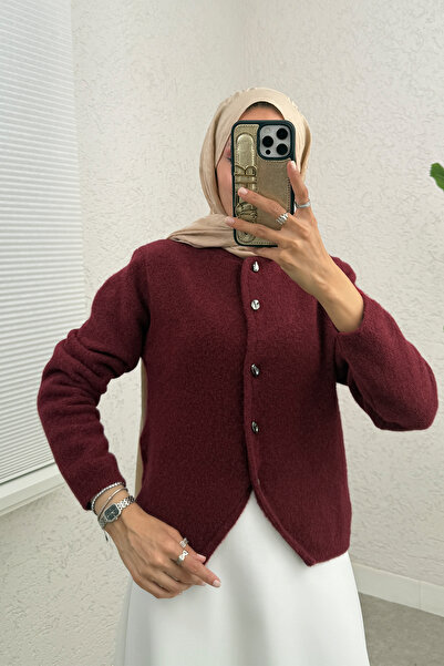 Salih Çelebi Crew Neck Buttoned Knitwear Cardigan 07295 - Bordo