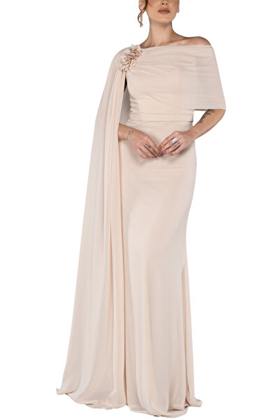 Arden Long Evening Dress, Chiffon Cape Sleeve Boat Neck Black, White, Purple, Powder, Wedding Fish Dress, 38-44