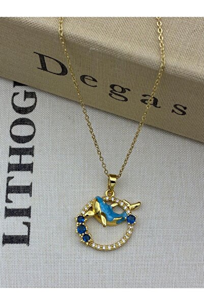Hedef Bijuteri قلادة دولفين زرقاء مطلية بالذهب مع تفاصيل من حجر الزركون الأزرق