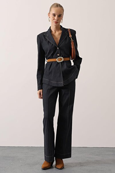 VAGGON Women's Navy Blue Buttoned Belted Jacket and Palazzo Pants Fit Denim Suit Vs01620