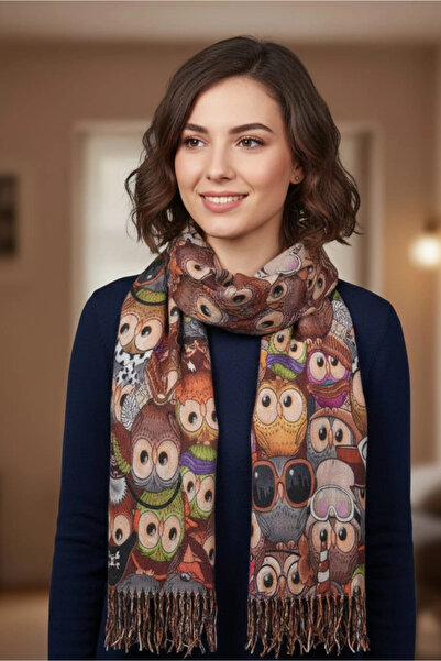 Cashmere Wool Shawl with Owl Figure-Dark Burgundy