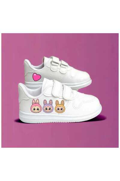 lias desing Labudulu Three Printed Pink Heart White Band Children's Sports Shoes Sneaker