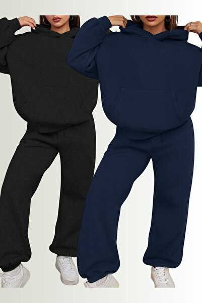NAKRUF Γυναικείο Σετ Φόρμας 2 τεμαχίων Μαύρο και Ναυτικό Μπλε oversized με κουκούλα Χειμερινό Εσωτερικό Βαμβακερό