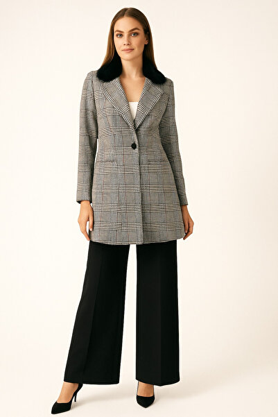 Doque 53008 ÖNDEN TEK DÜĞMELİ GİZLİ CEPLİ EKOSE DESENLİ CEKET #10-25#