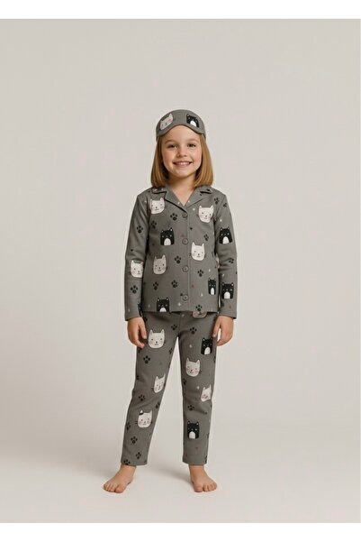 Beka Kids Cat Patterned Long Sleeve Buttoned Front Shirt Collar Girls Pajama Set 100% Cotton and Eye Patch