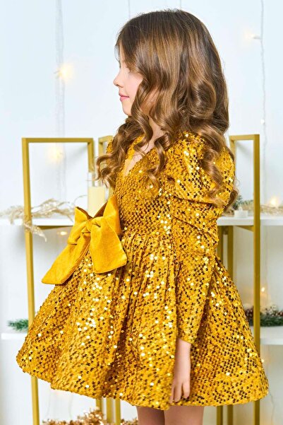 Riccotarz Girl's V-Neck Sequin Embroidered Skirt Puffy Velvet Gold Evening Dress