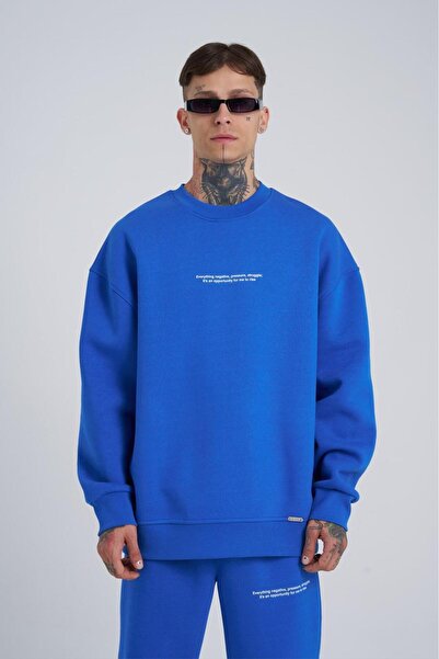 Machinist Men's Oversized Follow Your Own Printed Basic Sweatshirt Cobalt Blue