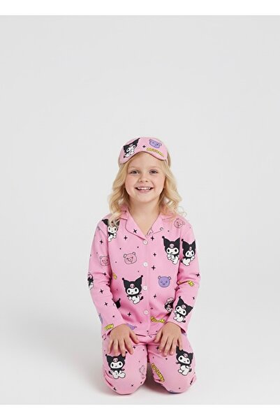 Beka Kids Kuromi Patterned Long Sleeve Buttoned Front Shirt Collar Girls' Pajama Set 100% Cotton and Eye Patch