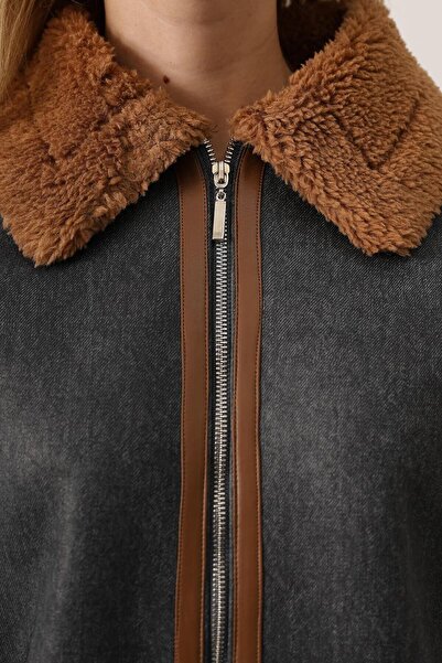 VAGGON Women's Anthracite Contrast Zippered Wool Jacket Vs01623