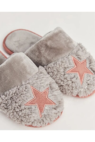 LAMİNTA Sagu Star Detailed Gray Plush House Slippers
