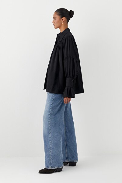 MARKALİSTE Volan Sleeve Detailed Gathered Shirt Black