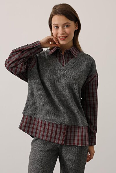 VAGGON Women's Anthracite Plaid Shirt Cardigan and Flared Pants Set Vs01622
