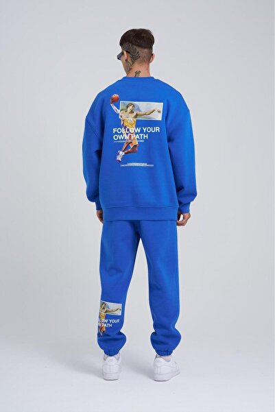 Machinist Men's Oversized Follow Your Own Printed Basic Sweatshirt Cobalt Blue