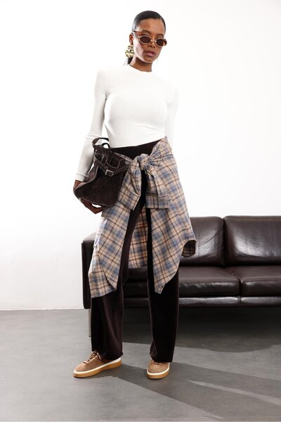 5in1Canpolat Bitter Brown Elastic Waist Velvet Trousers 8921