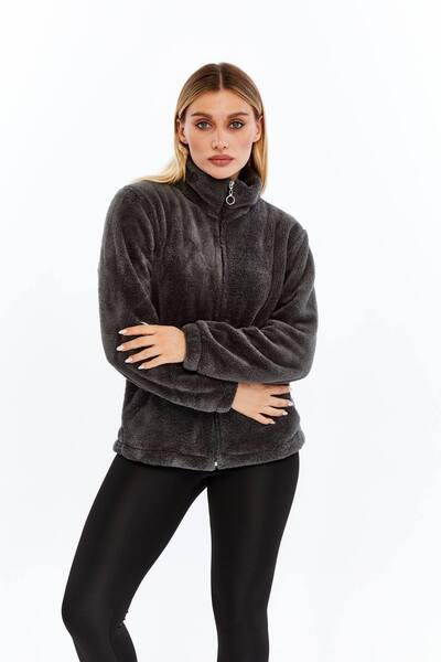 SENTEX Welsoft Zippered Gray Pocket Women's Cardigan