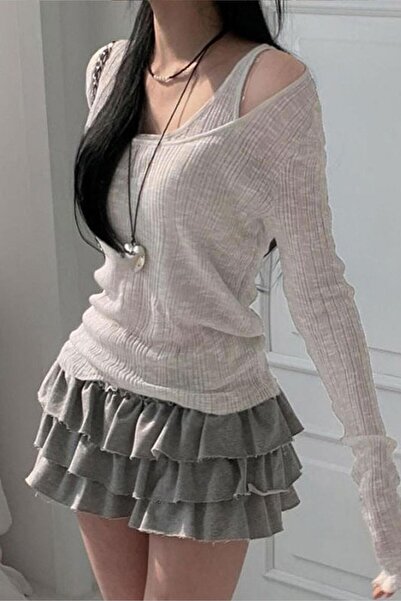 Karakedi Gray Ek Strap Madonna Collar Harajuku Y2K Long Sleeve Crop