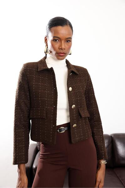5in1Canpolat Bitter Brown Gold Button Tweed Jacket 02014