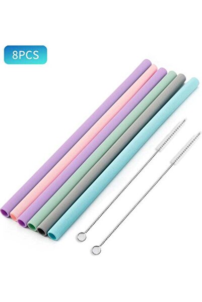 Generic 6 Pieces Reusable Silicone Drinking Straws with 2 Cleaning Brushes - Multicolour