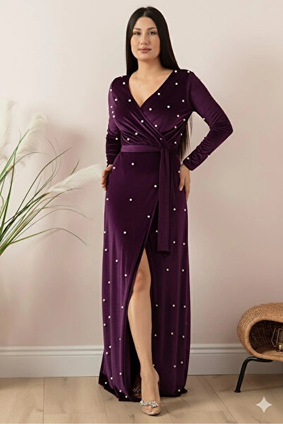 AZRA BUTİK Velvet Pearls Long Evening Dress Purple