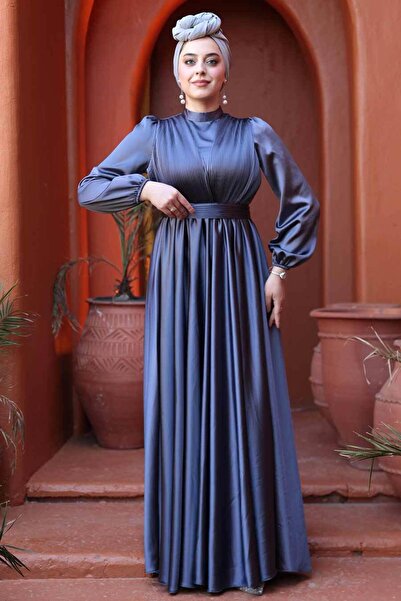 N.S NEVA STYLE Satin Smoked Hijab Evening Dress 23821Fu