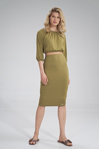 Figl Viscose fitted skirt - light olive midi skirt M793 size S